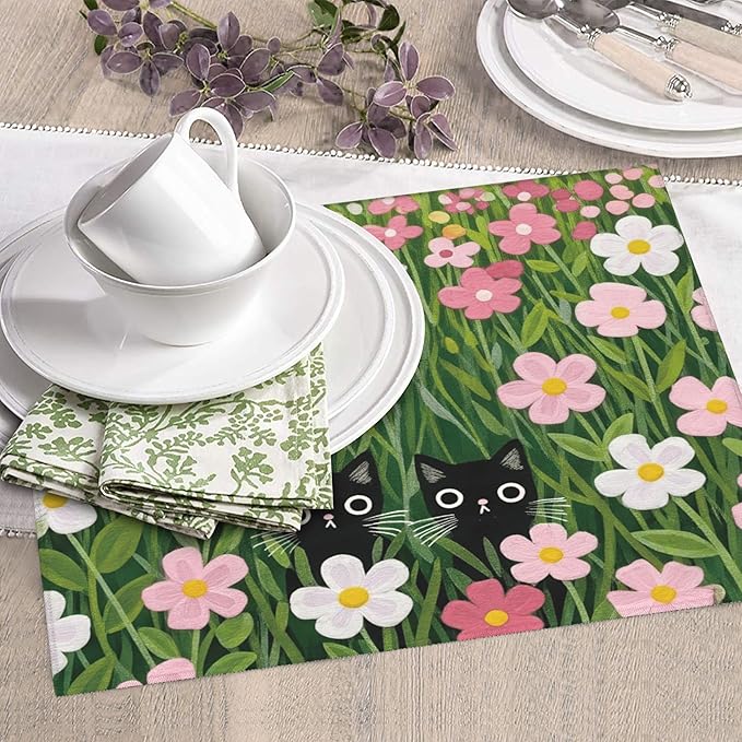 Pink Floral Cat Dish Drying Mat for Kitchen Counter, 16"x18" Microfiber Absorbent Fast Dry Mat, 2Pcs Dish Mat Faucet Mats Sets, Large Drying Kitchen Mat Kitchen Drying Pad Coffee Bar Decor Gifts