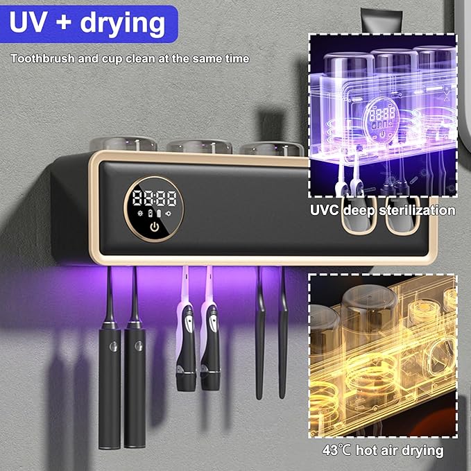 Toothbrush Holders for Bathrooms, UV Toothbrush Sanitizer and Holder Smart Home Bathroom Accessories, 3 Cups Electric Toothbrush Holder Wall Mounted with Toothpaste Dispenser Bathroom Decor (Black)