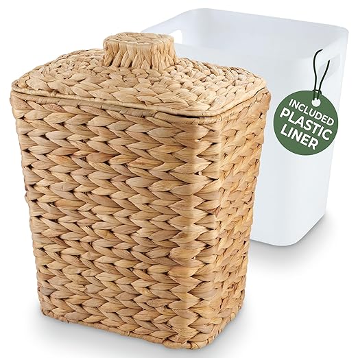 Wicker Trash Can with Lid and Liner - Rattan Trash Can for Bathroom - Decorative Wicker Waste Basket for Bedroom, Kitchen and Office (Natural Hyacinth)