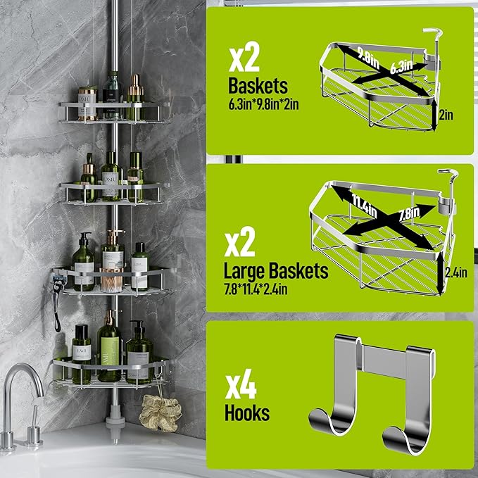 LAMU Corner Shower Caddy Tension Pole, Stainless Steel Shower Organizer, Strong Spring, 5 Adhesive Pads, 2.4" Non-Slip Grid Base, Adjustable 4-Tier Basket, 4 Hooks, Fits Heights 37.8-124", Silver