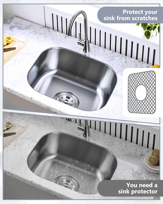 2 Pack Silicone Sink Protector for Kitchen Sink, Lozenge Pattern 12 x 11" Sink Grid Mat Silicone Protectors, Center Drain, Gray