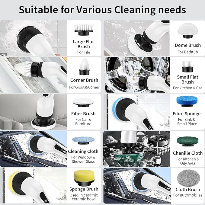 Electric Spin Scrubber Cordless Cleaning Brush with Extension Handle, 2 Adjustable Speeds, Shower Scrubber with 10 Replaceable Brush Heads, IPX7 Waterproof Power Scrubber for Bathtub Tile Floor, Green