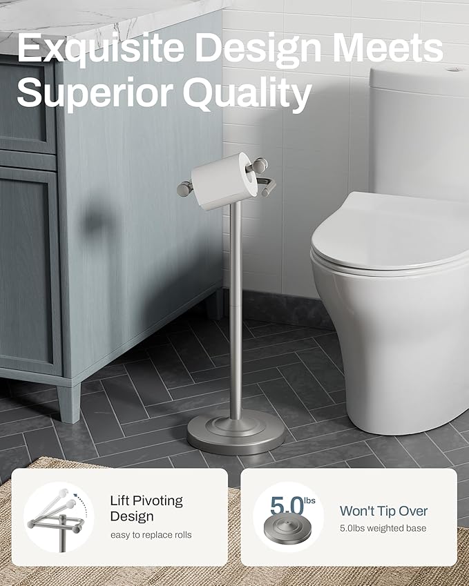 Freestanding Toilet Paper Holder, Double Post Pivoting 22" Height Toilet Roll Holder Floorstanding Base Weighted, Stainless Steel Toilet Paper Holder Stand (Satin Nickel)