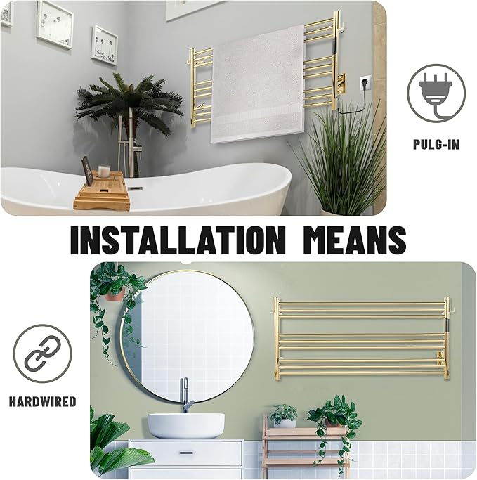 K&KALONZO Towel Warmer for Bathroom, Wall-Mounted 9-Bar Heated Towel Rack with Built-in Timer, Waterproof Electric Towel Heater, Support Plug-in and Hardwired, Polished Gold, EL13L