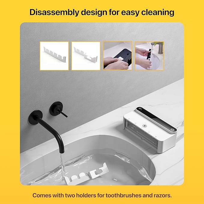 Bloom Toothbrush Sanitizer and Holder for Bathrooms Walls, Strong 3M Adhesive, Time Display, Long-Lasting Charge, 5 Slots for Any Size Toothbrush, White