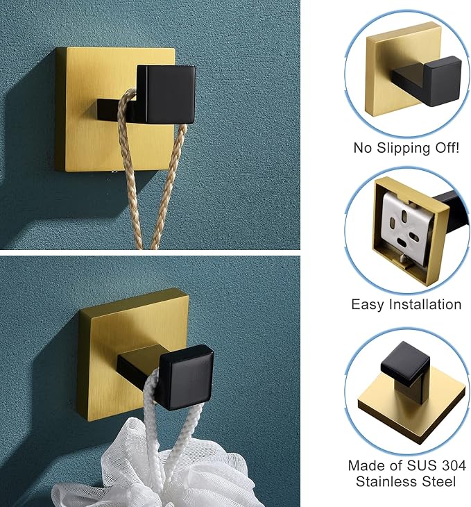 TQKAG Bathroom Towel Hook Coat Black and Gold Robe Clothes Bath Wall Hooks for Kitchen Garage,Stainless Steel Wall Mounted