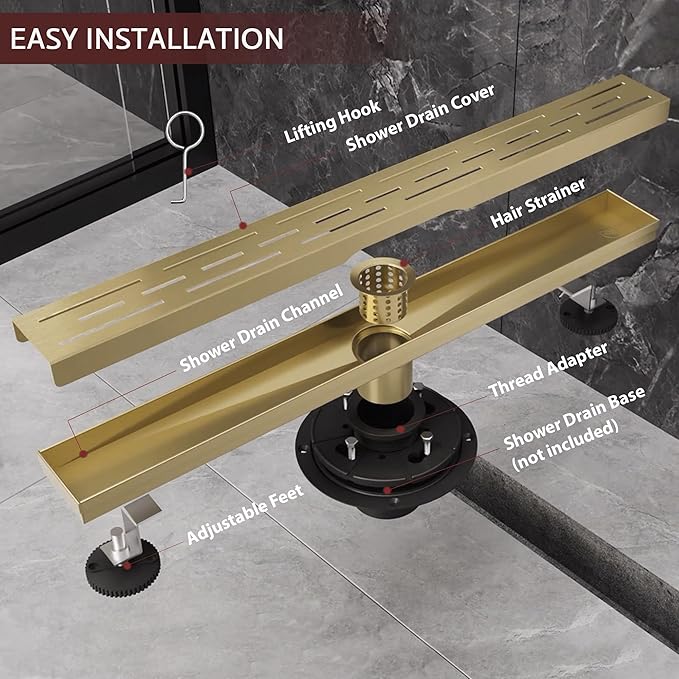28 Inch Linear Shower Drain, Brushed Gold Shower Drain,Removable Grate, 304 Stainless Steel, Easy to Install and Clean for Bathrooms (Drain Base Not Included), LSD-01A-28G