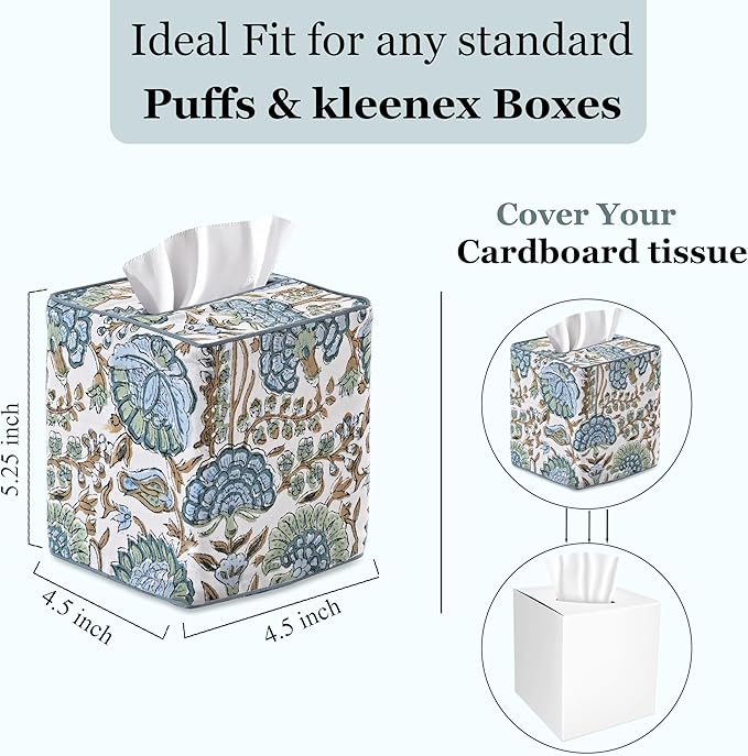 Ridhi Asparagus Green Block Print Tissue Box Cover Handmade Cotton Fabric Decorative Square Napkin Holder for Home Bedroom Living Room Bathroom Vanity Countertop Car Night Stands Office Kitchen