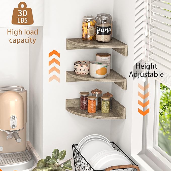 Fun Memories Corner Shelf Wall Mount, Wood Floating Corner Shelves,Corner Wall Shelf for Bedroom, Bathroom, Kitchen, Living Room (Grey, 3 Pack)