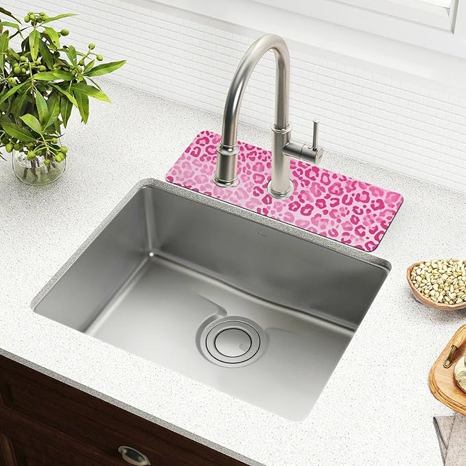 Kitchen Sink Splash Guard 1 PC 14.7 Inch Sink Faucet Mat Splash Guard for Bathroom Countertop Water Absorbent Foldable Cuttable Soft Washable Gradient Pink Leopard Print