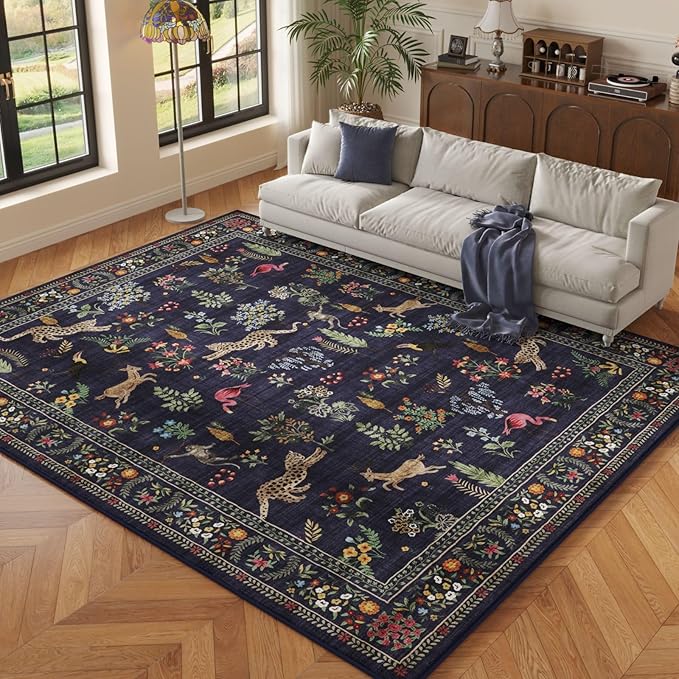 Rugcomf Area Rugs 8x10 Rug for Living Room Clearance Washable Boho Area Rug Non Slip Floral Animal Vintage Low Pile Large Rug for Living Room, Bedroom, Farmhouse, Dining Room, Kids Playroom (Blue)