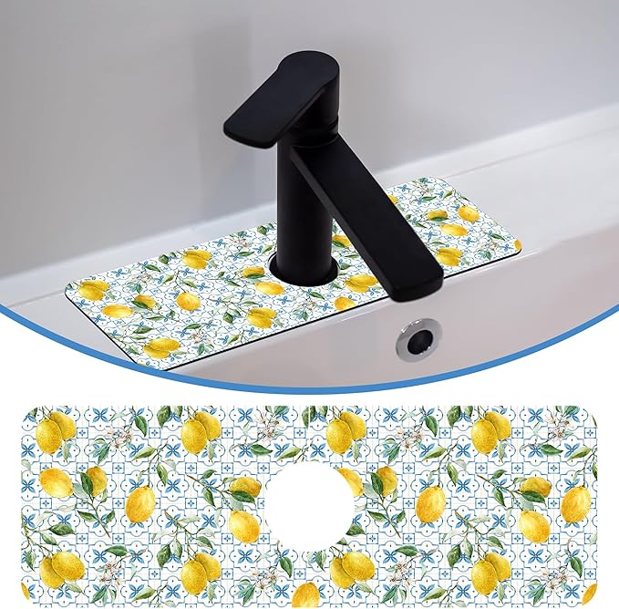 Faucet Mat for Kitchen Sink Sicilian Watercolor Lemon Blue Tile, Soft Diatom Mud Material, Strong Water Absorption, Non-slip, Easy to Clean for Bathroom, Kitchen 15"X5.5"