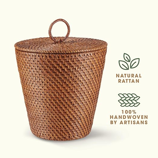 3 Gallon Rattan Trash Can with Lid and Liner - Wicker Trash Can for Bathroom, Bedroom, Kitchen, Living Room