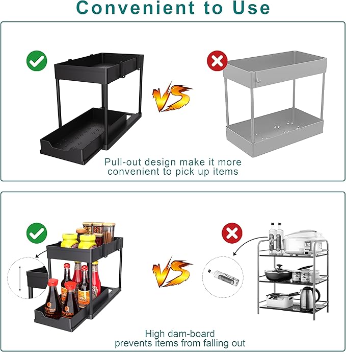 2 Pack Under Sink Organizer, 2 Tier Bathroom Cabinet Organizer with Sliding Basket, Multi-Purpose Under Sink Organizers and Storage for Bathroom Kitchen (Black 2 Pack)