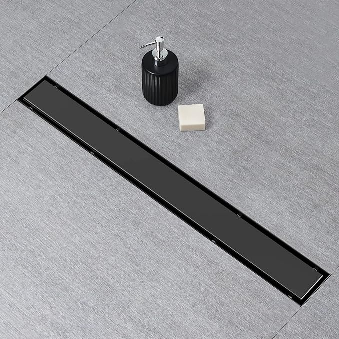 SaniteModar Linear Shower Drain, Black Shower Drain 30 inch with Flat and Tile Insert 2 in 1 Panel, 304 Stainless Steel Black Linear Shower Drain with Hair Strainer and Leveling feet