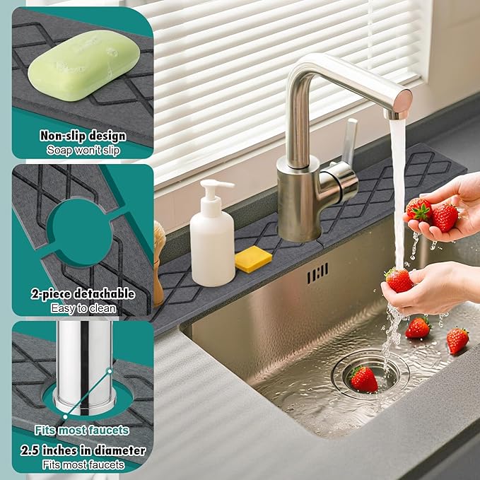 23.6 Inch Stone Faucet Mat for Kitchen Sink, Diatomite Absorbent Fast Drying Stone Sink Tray, Faucet Splash Guard Prevents Moisture for Kitchen Bathroom Countertop