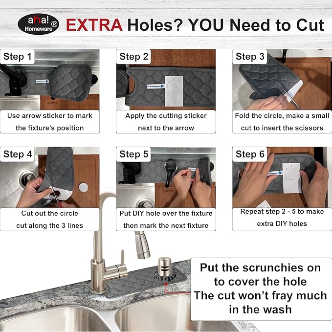 Kitchen Sink Splash Guard 2-holes : AHA HOMEWARE Faucet Mat for Double Offset Kitchen Sink, with DIY Cutting Toolkit for extra holes soap dispenser, air gap, 14.5 in, Black