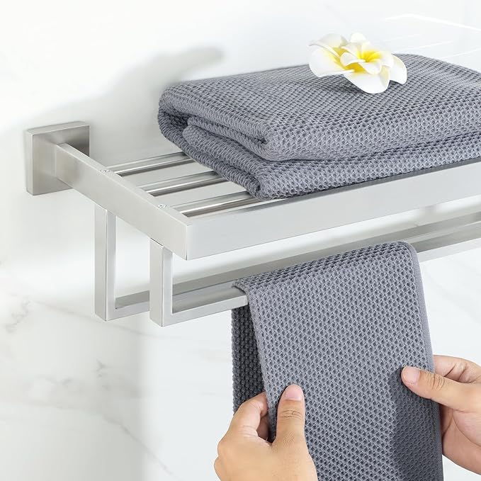 Alise Towel Rack with Double Towel Bars 24 Inch Towel Racks for Bathroom Wall Mounted,Bathroom Towel Holder Square Towel Hanger,SUS304 Stainless Steel Towel Shelf with Towel Bar,Brushed Nickel