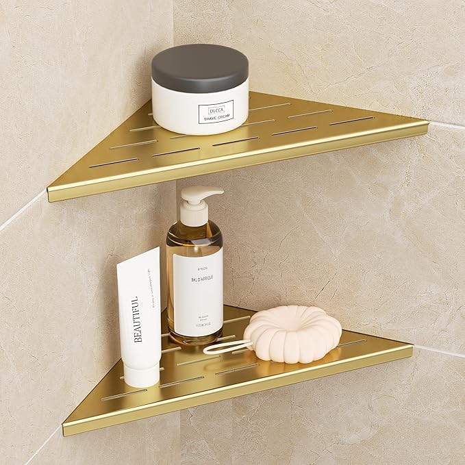 Neodrain 10 Inch Golden Corner Shower Shelves,Set of 2, Gold Corner Shelf for Tile Wall Insert, 304 Stainless Steel Shower Storage Shelves for Bathroom,No Drilling