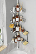 Shower Caddy Corner for Bathroom, Tension Pole, Adjustable 25in-114in Floor to Ceiling, Standing Shower Tension Rod Organizer, 4 Tier Storage Shelves with 2 Soap Holders/Hanging or Adhesive, Silver