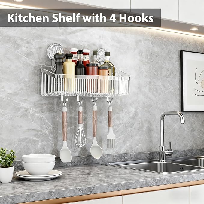 3 Pack Suction Cup Shower Caddy, Clear Shower Shelves No Drilling with Movable Hooks & Toothbrush Holder, Wall Storage Shelves for Bathroom, Kitchen