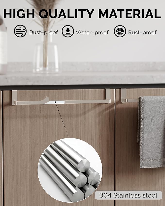 Over Cabinet Towel Rack, 2 Pack 14 Inch Over The Door Towel Bar Towel Hanger for Kitchen, Stainless Steel Over Cabinet Cupboard Kitchen Towel Holder, Foam Protective Mats (Silver)