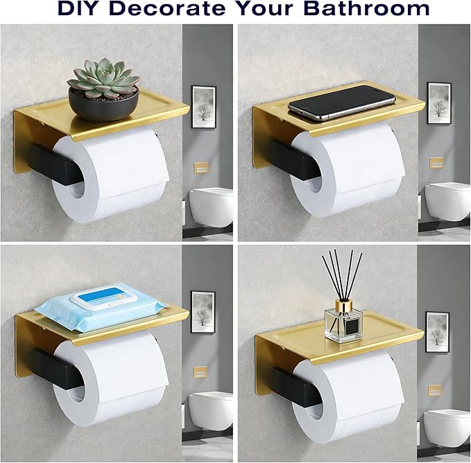 Alise Toilet Paper Holder with Shelf,SUS304 Stainless Steel Toilet Paper Roll Holder Bathroom Tissue Holder Storage Dispenser,Self Adhesive or Wall Mount Drilling,Gold and Black Finish