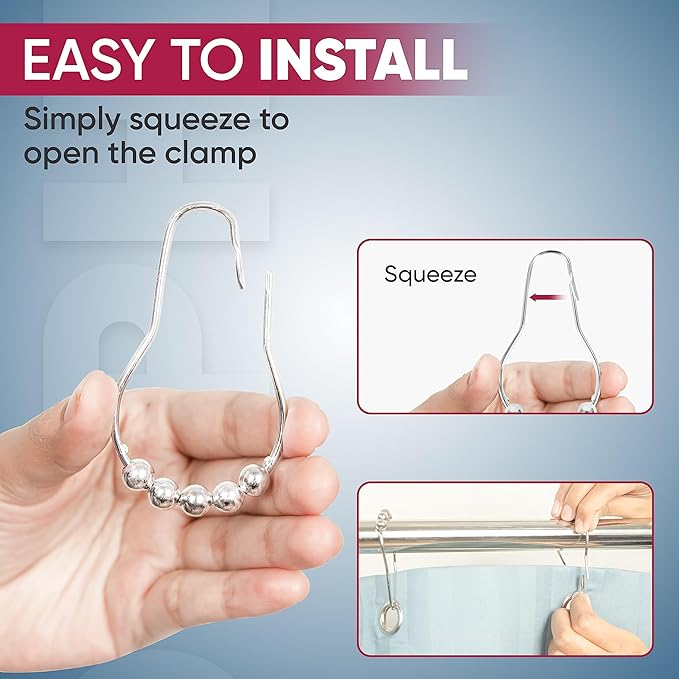 Shower Curtain Hooks Rust Proof (Set of 12) - Stainless Steel Shower Curtain Rings - Anti Slip Roller Balls for Easy Glide (Secure Lock Hooks, Chrome)