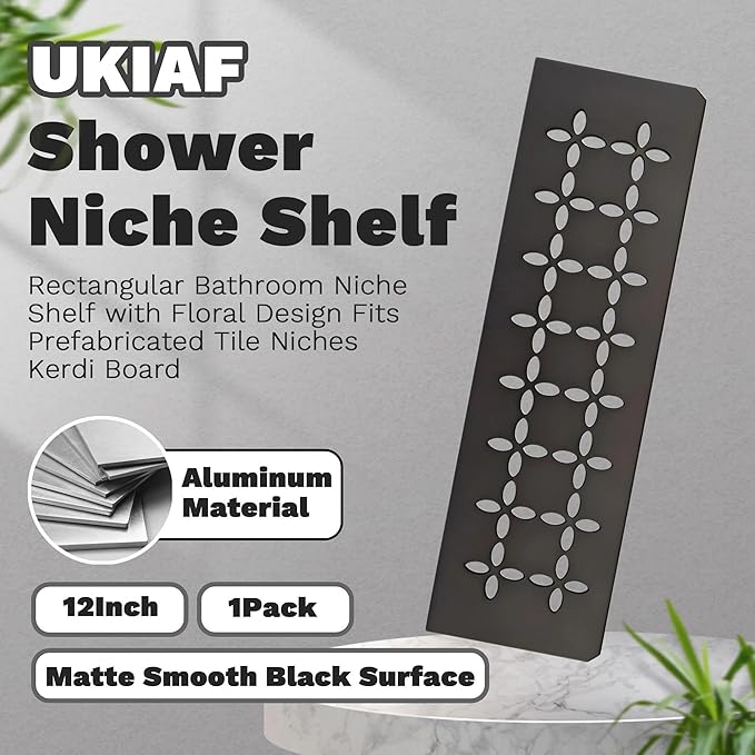 12 Inch Black Frosted Aluminum Material Shower Niche Shelf Rectangular Bathroom Niche Shelf with Floral Design Fits Prefabricated Tile Niches 1 Pack