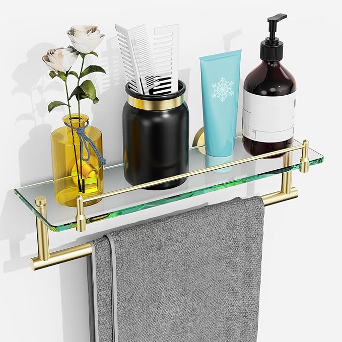 Towel Rack with Shelf 16 Inch, Bathroom Shelf with Towel Bar Tempered Glass, Brushed Gold Modern Rustproof Stainless Steel Wall Mount