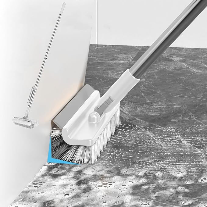 Grout Scrub Brush with 42" Long Handle Double-Sided Floor Scrub Brush V-Shape Grout Cleaner with Squeegee 180° Rotating for Tile Floors, Baseboards, Wall
