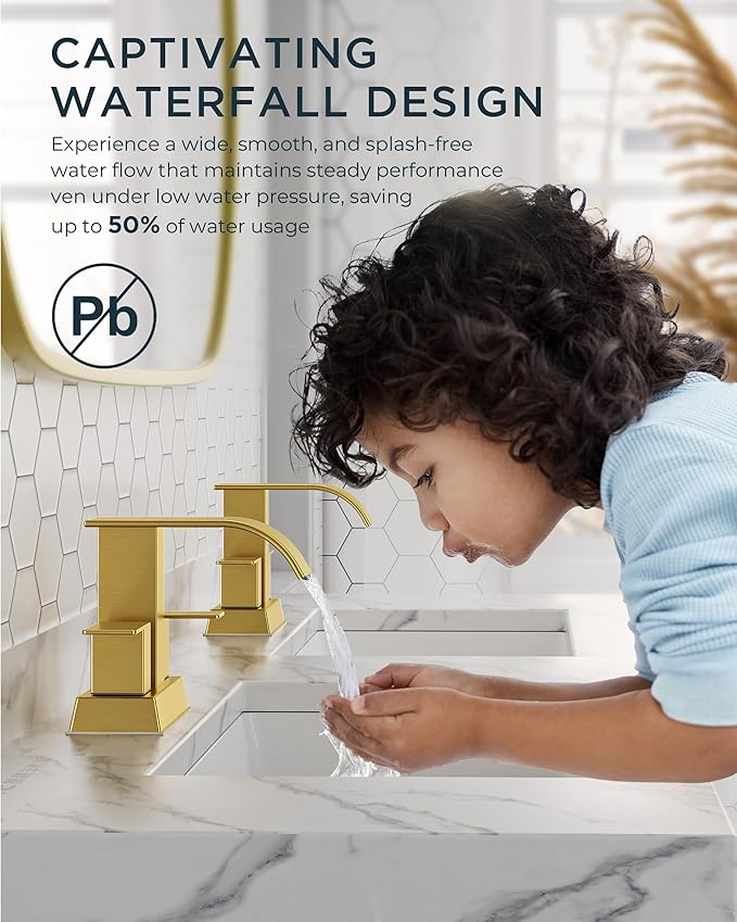 FORIOUS 4 Inch Centerset Brushed Gold Bathroom Faucet, 2 or 3 Hole Waterfall Square Bathroom Sink Faucet with Metal Pop-up Drain and Supply Lines, Two Handles for Vanity, Lavatory Room,Pedestal