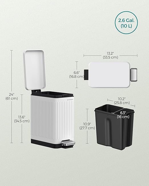 SONGMICS Bathroom Trash Can, 2.6-Gallon (10 L) Trash Bin with Lid, Slim for Small Spaces, Stainless Steel Garbage Can, Soft Close, White ULTB562W01