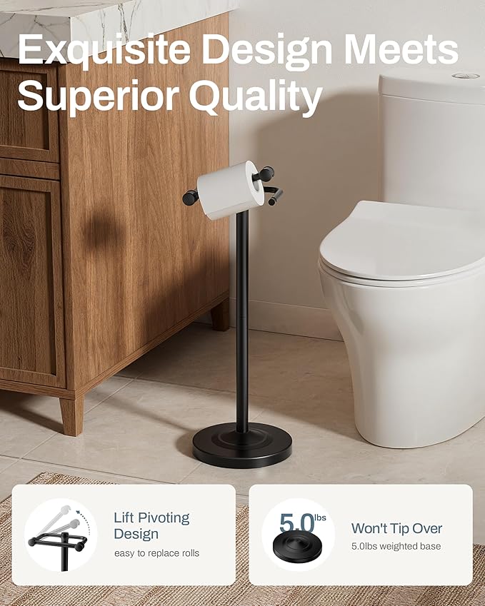 Freestanding Toilet Paper Holder, Double Post Pivoting 22" Height Toilet Roll Holder Floorstanding Base Weighted, Stainless Steel Toilet Paper Holder Stand （Matte Black）