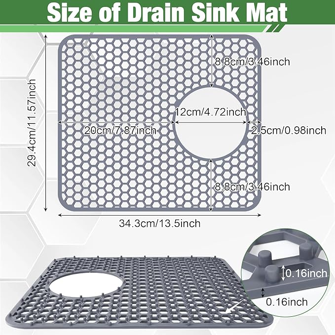 Sink Protectors Mat - 13.5"x11.57" Kitchen Sink Pad for Bottom of Basin for Protection of Stainless Steel and Tableware, Farmhouse Rubber Basin Mat Protector with Side Drain - Light Gray