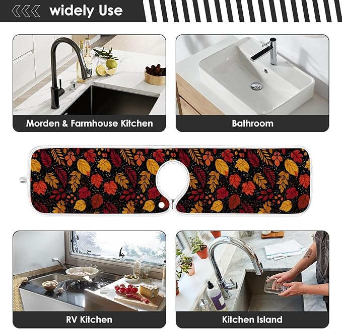 2 PCS Kitchen Sink Splash Guard 23.6 Inch Faucet Mat for Kitchen Sink Bathroom Sink Faucet Absorbing Drip Drain Mat Pad Microfiber Soft Washable Brown Autumn Maple Leaves