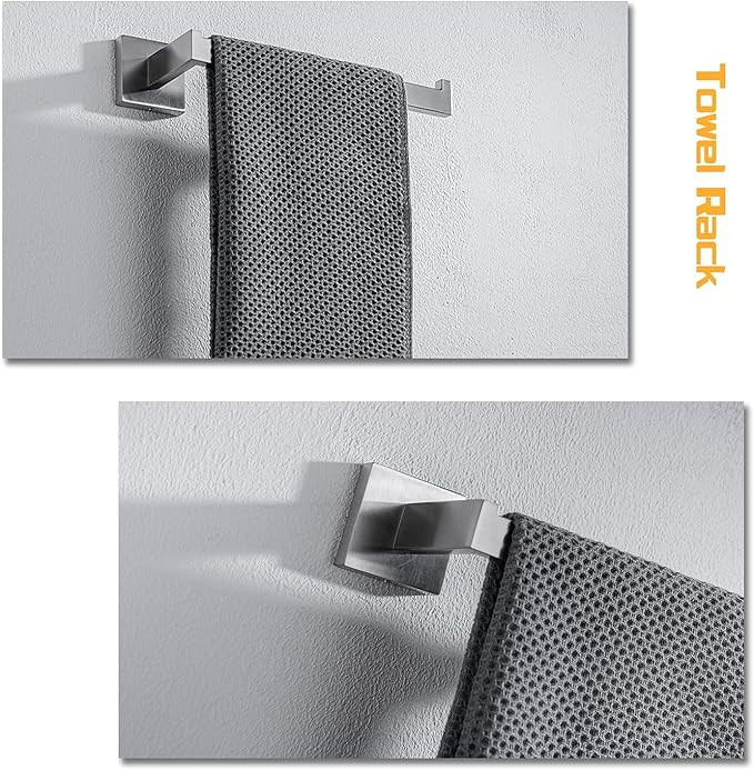 4-Piece Bathroom Hardware Set, Towel Rack Towel Bar Towel Holder Toilet Paper Holder Towel Hooks Modern Square Premium Stainless Steel Brushed Nickel Wall Mounted Bathroom Accessories Set (16inch)