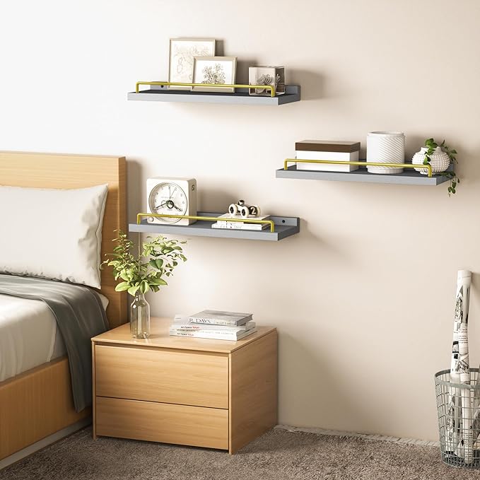 Floating Shelves for Wall Decor, Grey and Gold Shelves for Bathroom, Living Room, Bedroom, Picture Frames, Plants, Kitchen (Set of 3)