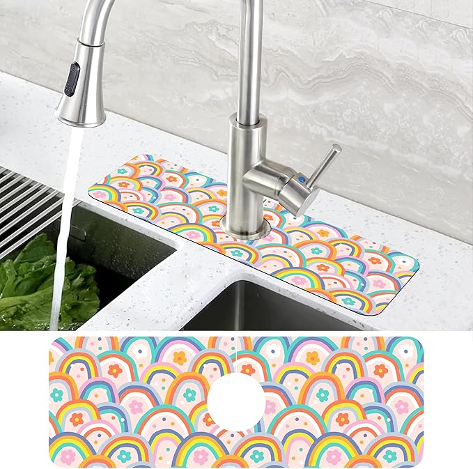 Boho Rainbow Hippie Floral Kitchen Sink Splash Guard Mat Absorbent Fast Drying Mat Faucet Draining Mat Sink Splash Guard Behind Faucet Drip Catcher for Kitchen Bathroom 5.5"×15"