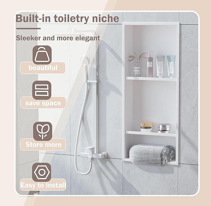 No Tile Needed Shower Niche for Bathroom Storage,Recessed Wall Niche,Three-Tier Shelves,Stainless Steel 12"×30" Matte White (White, 30 * 12 in)