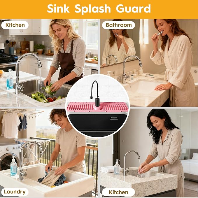 16" Silicone Faucet Mat for Kitchen Sink Released in 2026,8° Slope Fast Self-draining-Kitchen Sink Splash Guard,Bathroom Kitchen Sink Area Water Splash Guard Behind Faucet Draining Mat(Pink)