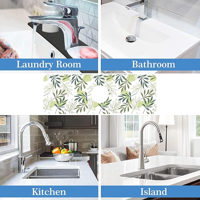 Faucet Mat for Kitchen Sink Artistic Green Leave Branche, Soft Diatom Mud Material, Strong Water Absorption, Non-slip, Easy to Clean for Bathroom, Kitchen 15"X5.5"