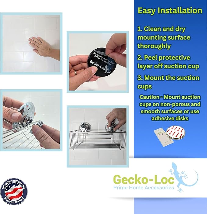 Gecko-Loc Large Combo suction cup wall mount bathroom shower caddy - shampoo storage basket shelf organizer caddie bath shelves - Silver