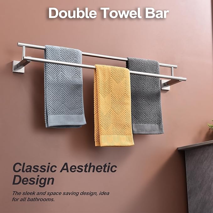 Bath Double Towel Bars, Towel Racks SUS304 Stainless Steel, Towel Holder for Bathroom Wall Mount, Towel Hanger Rail Accessories, 2-Tiers (Brushed Nickel, 32 Inch)