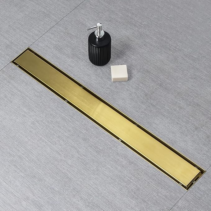 SaniteModar Gold Linear Shower Drain 40 inch with Invisible 2 in 1 Tile Insert Panel, 304 Stainless Steel Brushed Gold Linear Drain with Hair Strainer and Leveling Feet
