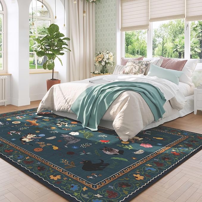 Rugcomf Living Room Rug 5x7 Rug Machine Washable Boho Area Rug Non Slip Floral Animal Cat Vintage Low Pile Large Rugs for Living Room Bedroom Farmhouse Dining Room Kids Playroom, Pearl Gentian Blue