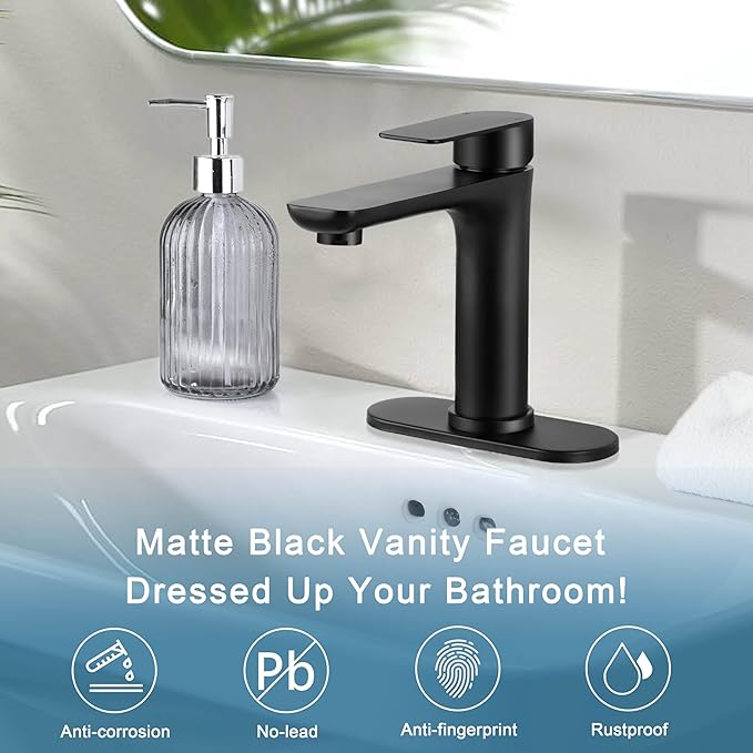 Homikit Matte Black Bathroom Faucet for 1 Hole or 3 Holes, 18/10 Stainless Steel Single Handle Bathroom Sink Faucets for RV Vanity Basin Lavatory Bath with Pop Up Drain & 2 Supply Hoses