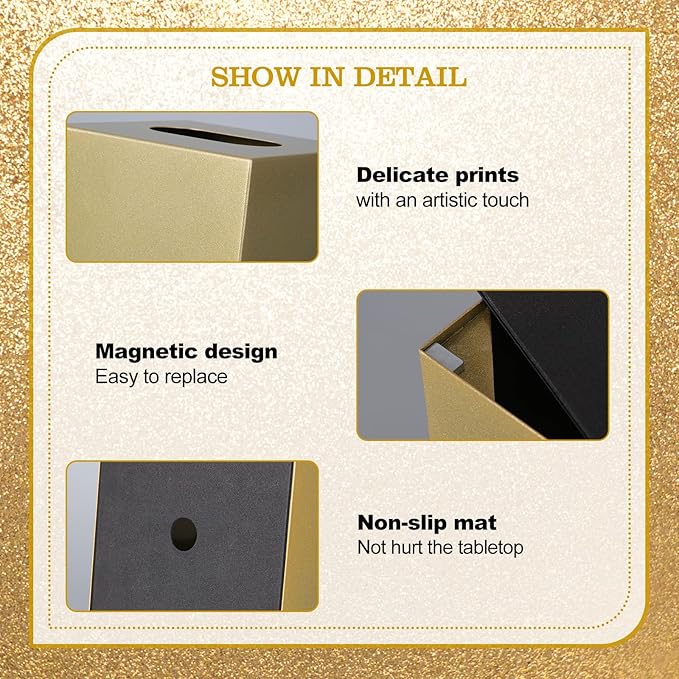 Metal Square Tissue Box lid, Modern Facial Tissue Holder for Bathroom Vanity Tops, Bedroom Dressers, Nightstands, Desks, Offices (Gold)