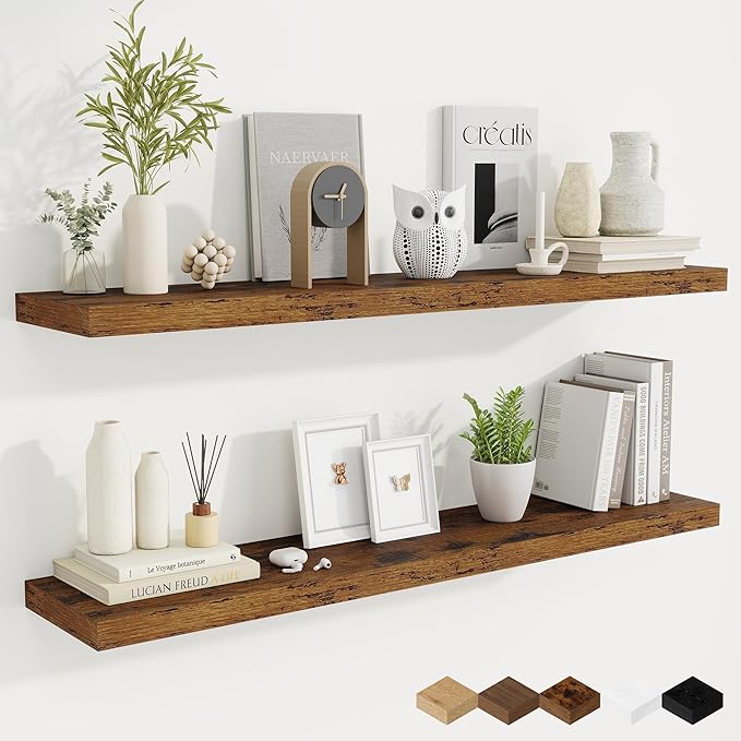 Fun Memories 48 Inch Deep Floating Shelves for Wall, 2 Pack of Long Wall Mounted Wood Shelves with Invisible Brackets for Bathroom, Bedroom, Living Room, Kitchen Decor and Storage, Brown