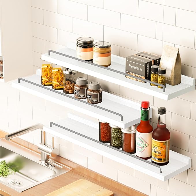 22 inches Long Floating Shelves, Bathroom Decor Shelves Over Toilet, Farmhouse Wall Shelves for Living Room, Bedroom, Picture Frames, Plants, Kitchen, Set of 3 (White and Grey)